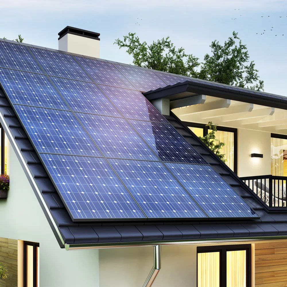 Close-up of solar panels installed on a house roof