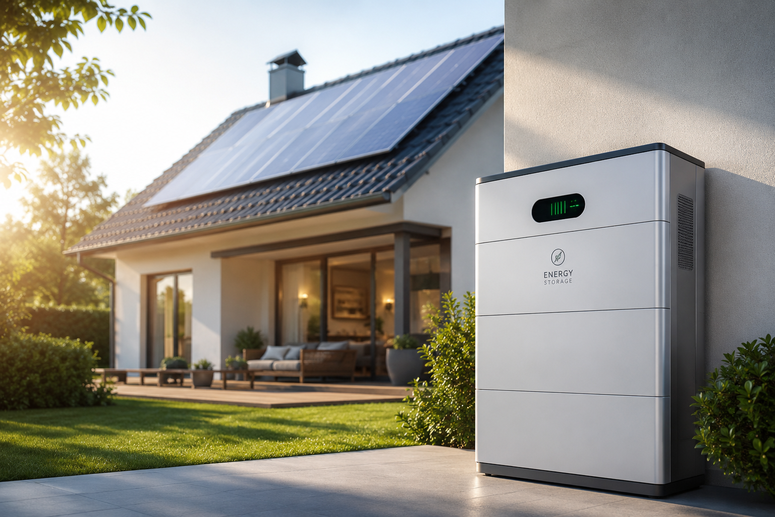 Home battery storage system installed next to a solar-powered house