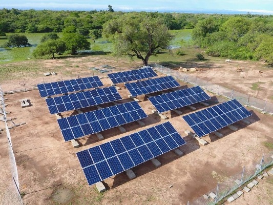 Aerial view of a ground-mounted solar park in Paraguay