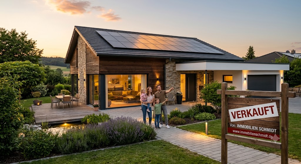 Family in front of a house with a rooftop solar system and a "sold" sign
